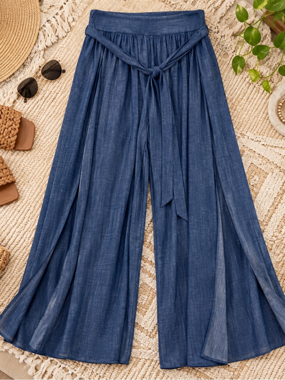 Wide Leg High Slit Tie-Waist Pants - Denim Blue Print